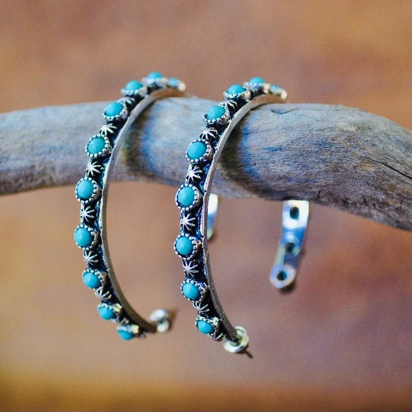 Antique Silver Turquoise Hoop Earrings - Picture 5 of 7